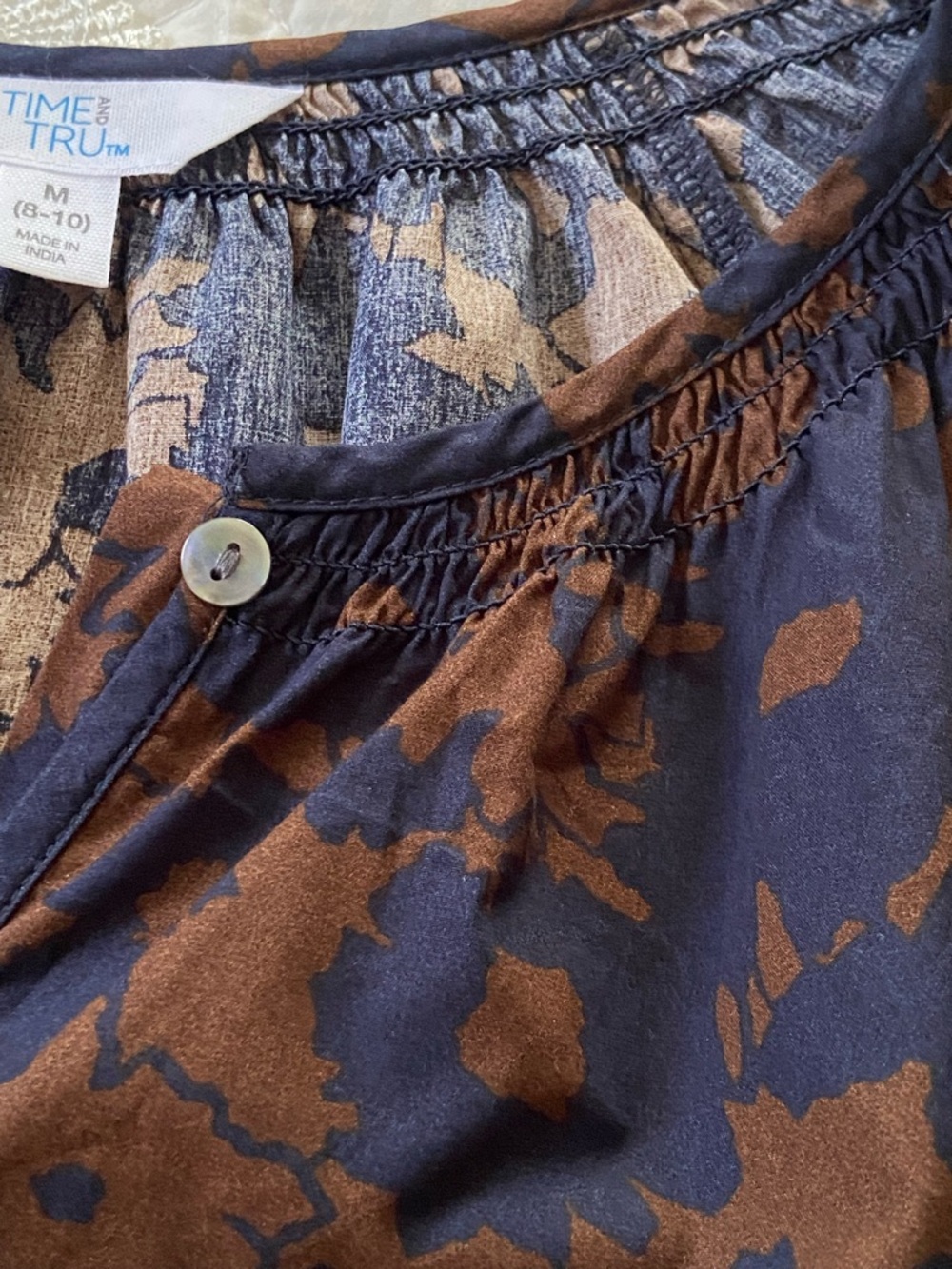 Time and Tru Navy and Brown Floral Boho Cottagecore Button-Down Blouse Size M - Picture 7 of 15
